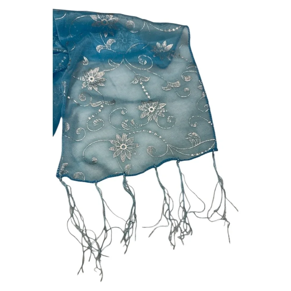 Blue Floral Womens Scarf Lightweight Sheer Wrap with Fringe 58x8‎